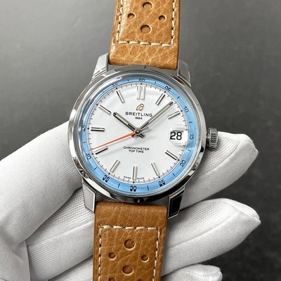 New Breitling Top Time B31 38mm Sky Blue Dial Leather Men's Watch AB3113281A1X1