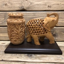 Wooden Elephant and Vase Undercut Hand Carved Statue India Art