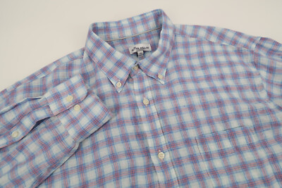 Peter Millar Seaside Men's XL Linen Blue Plaid Long Sleeve Button Front Shirt