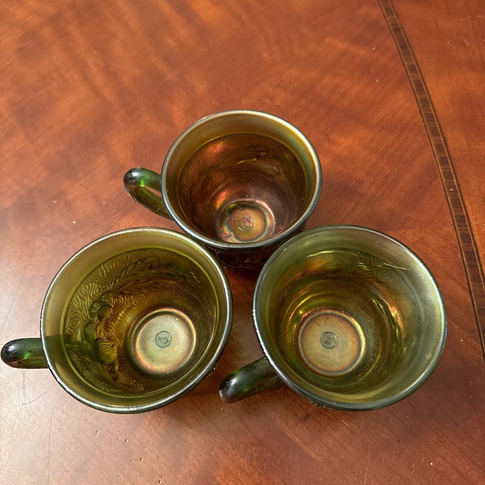 Northwood Acorn Burrs Iridescent Green Carnival Glass Punch Bowl Cups