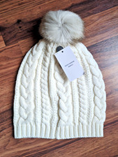 NWT Ladies Girls Warm Winter Cap Hat Faux Fur Pompom Ribbed Cable Knit Beanie