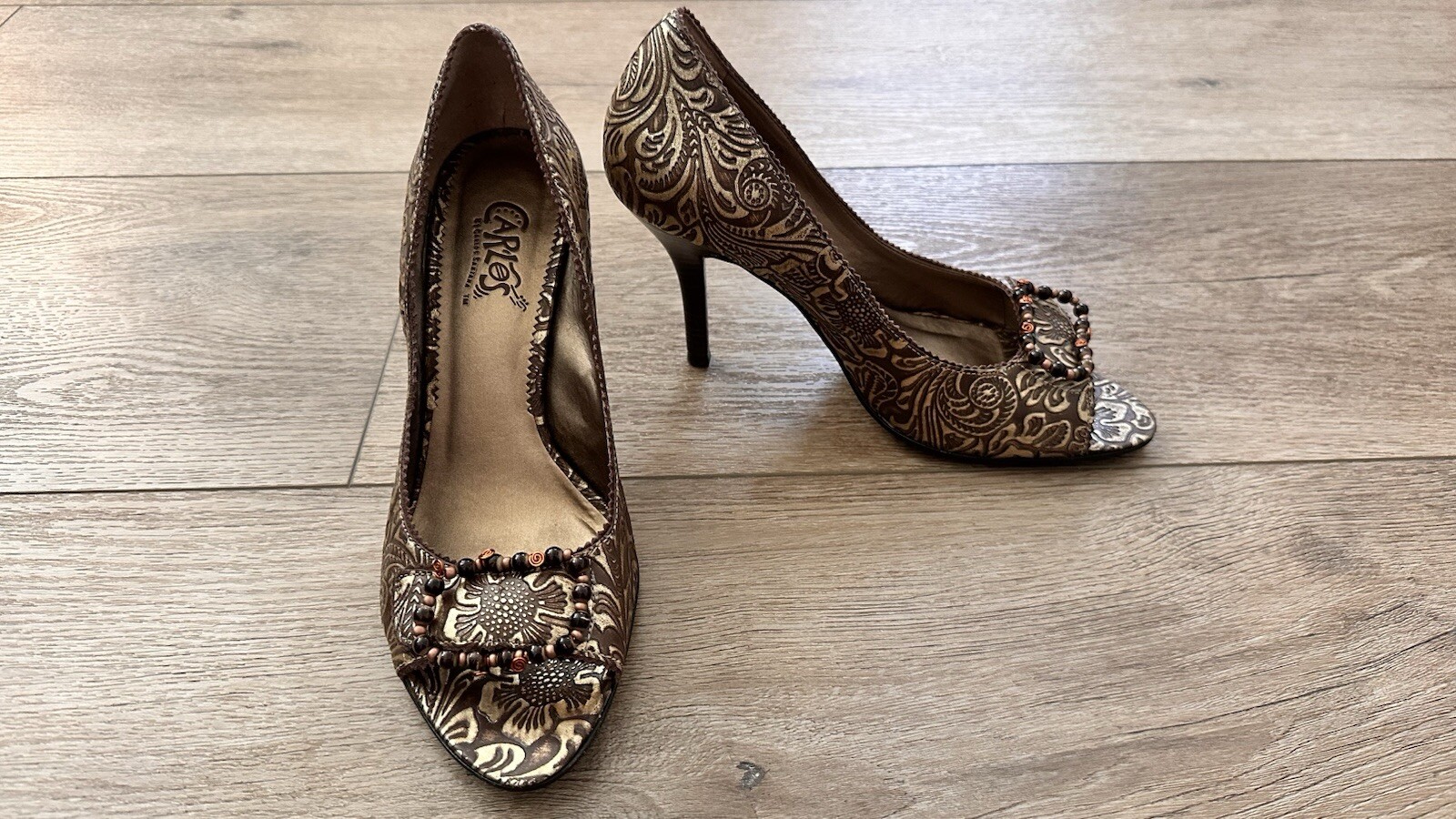 Carlos By Carlos Santana Romantic Leather Floral Patterned Beaded High Heels