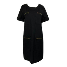 J. Crew Dress Womens Sz 8 Black Ponte Knit Shift Stretch Gold Zippers Pockets