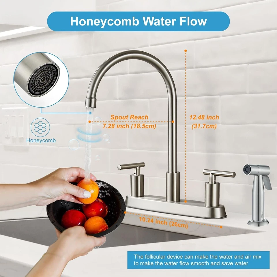 Brushed Nickel Kitchen Sink Faucet with Side Sprayer 2 Handles 3 Holes Mixer Tap - Image 3 of 4