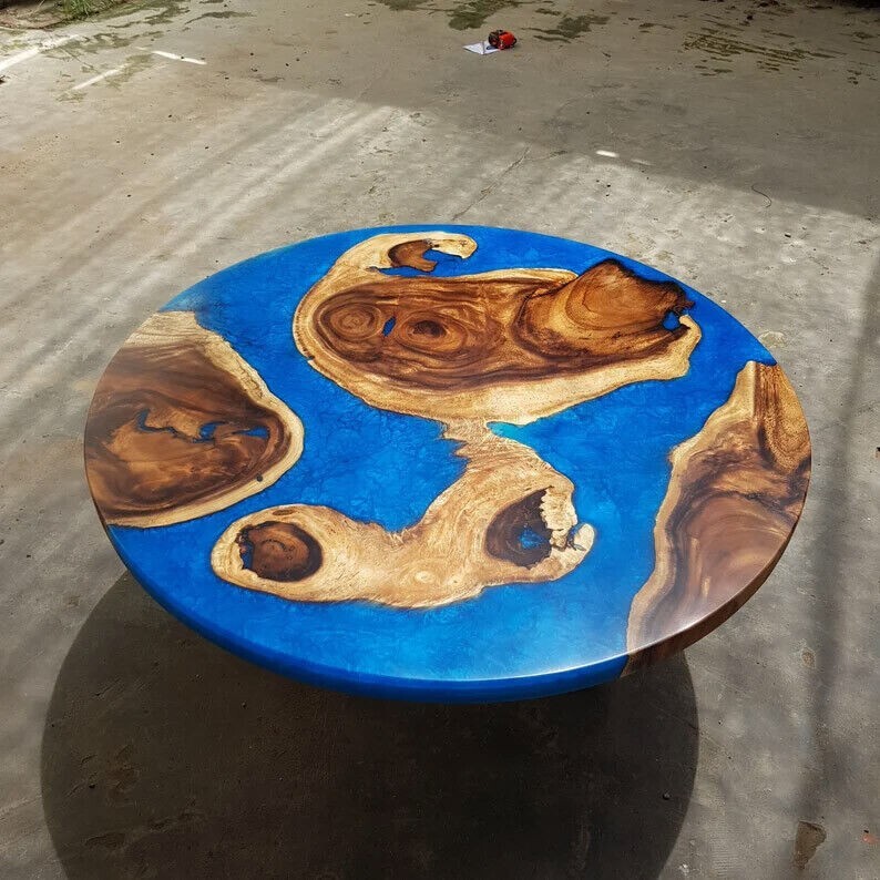 Blue Epoxy Resin Round Table, Living Room Modern Furniture Epoxy Table Decor