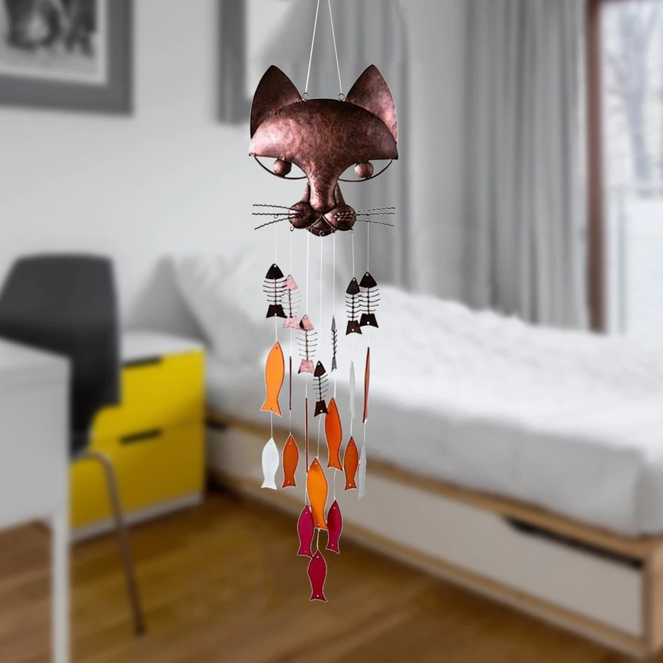 Encantadoras campanas de viento para gatos y peces hechas a mano de metal gato pez campanas de viento Foto 3 de 4