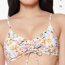JESSICA SIMPSON White Floral Ruche Summer Dreaming Bikini Top Swimsuit Large NWT