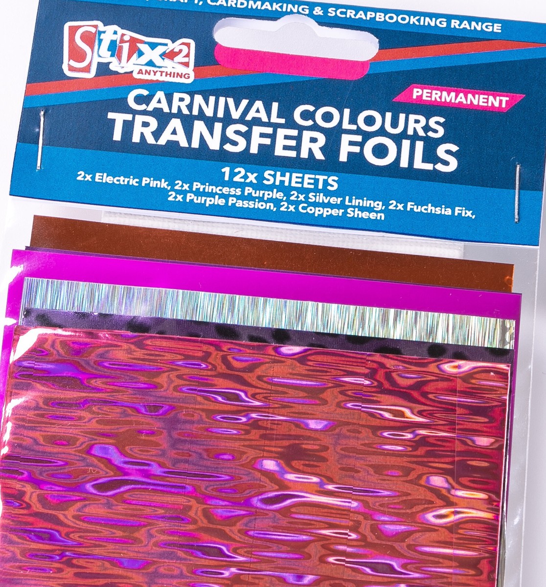 Stix2 Carnival Colours Transfer Foils – 12 Sheets, Metallic Pink Purple Silver Fuschia Copper, UK Made