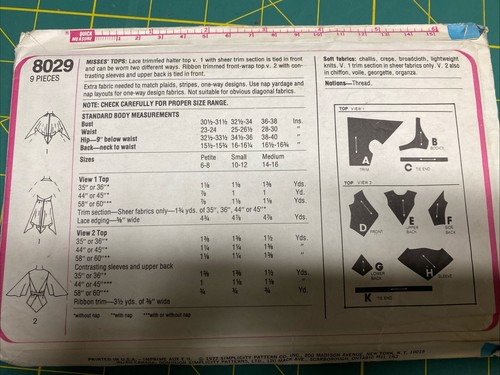 New* Vintage 1977 Simplicity # 8029 Sewing Pattern/ Misses Tops Size 10-12 - 第 2/2 張圖片