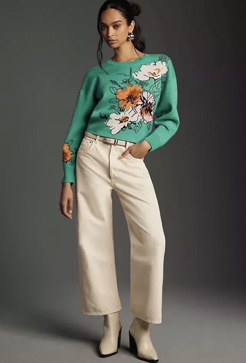 Anthropologie Maeve Sonal Nathwani Camryn Cropped Crewneck Sweater