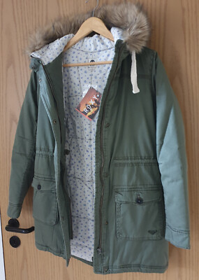 ROXY Jacke Parka Winter Mantel Coat Gr. S/36 grün Fell Kapuze Fischschwanz  NEU
