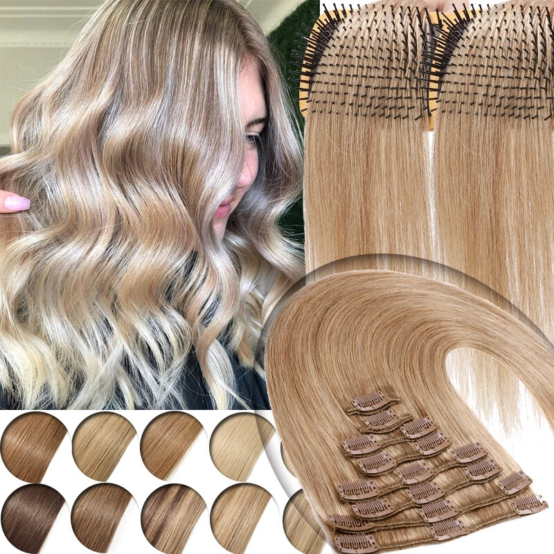 BLONDE 8PCS Clip in Real 100 Human Hair Extensions Full Head 16