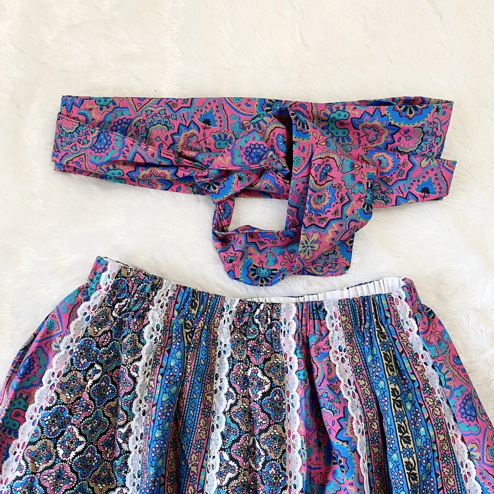 Винтажный цветной смешанный узор лоскутное одеяло линия юбка цветочный хлопок Гавайи OS - Изображение 3 из 4