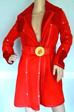 VERSACE Shearling Leather Medusa Logo Belted Red Gold Dress Coat US 2 4 / IT 38
