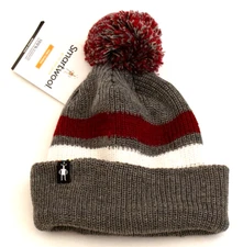Smartwool Gray & Burgundy Wool Blend Knit Cuff Pom Beanie Youth Boy's 8-20 NWT
