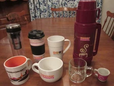 LOT OF 8 DUNKIN DONUTS~COFFEE MUGS~TRAVEL~THERMOS~CHRISTMAS ORNAMENT~COLD BREW~