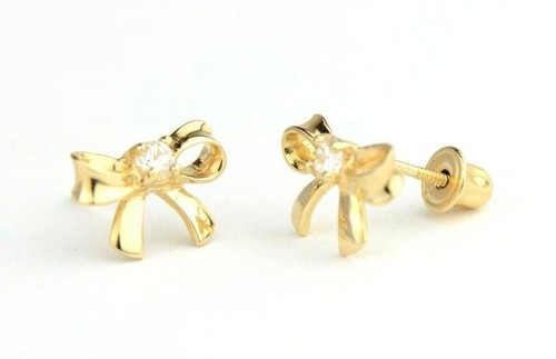 14k Solid White or Yellow Gold Bow Tie Stud Earrings with CZ - Picture 4 of 10