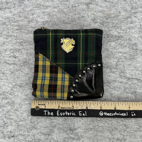 MAC Yellow Green Plaid Canvas Zip Studded Make-Up Clutch Bag Wallet Purse - Picture 4 of 7