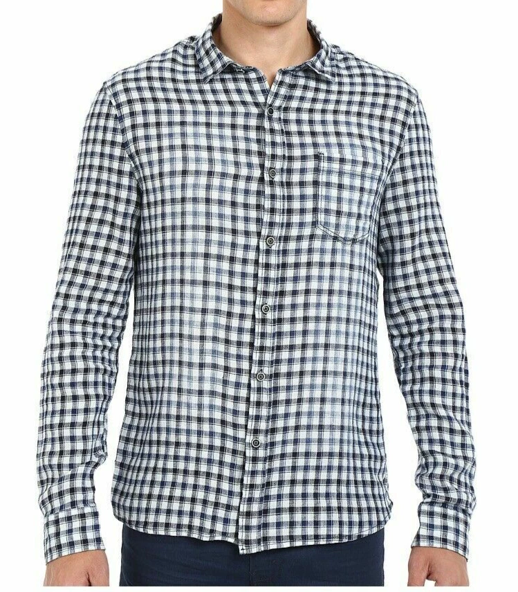 Mavi Jeans Men's Checked Button Down Shirt Linen Blend Size L Antique White/Blue