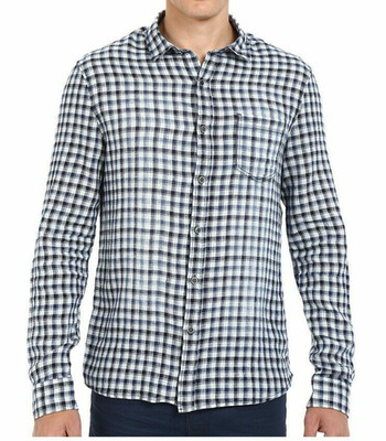 Mavi Jeans Men's Checked Button Down Shirt Linen Blend Size L Antique White/Blue