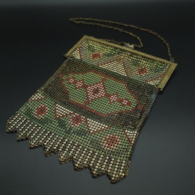 Antique 1920s Whiting & Davis El-Sah Enamel Mesh Purse Scenic Floral Flapper Bag