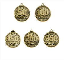 50, 100, 150, 200, 250, 300 Games 50mm Medal Football, Soccer, Netball, B/Ball