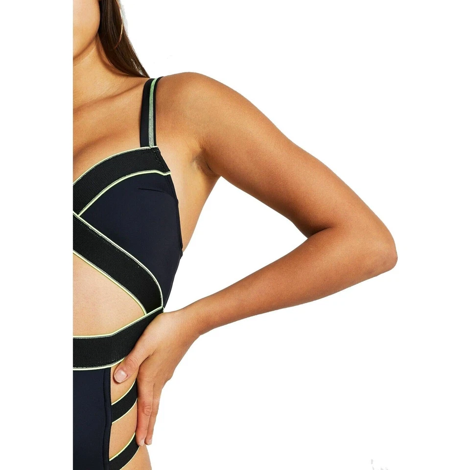 Traje de baño de una pieza River Island negro/lima con tiras cintura alta recorte EE. UU. 6 Foto 4 de 4
