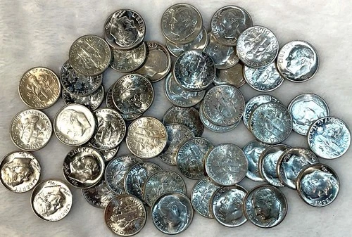 1946 - 1964 PDS BU 90% Silver Roosevelt Dimes Roll 50 Coin Lot Collection
