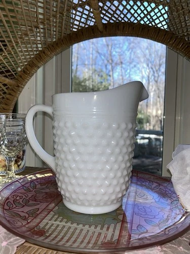 MCM Vintage Large Anchor Hocking Hobnail Milk White Glass 64 oz Pitcher 8”