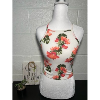 Rue21 White Halter Ribbed Crop Tank with Coral Floral Print