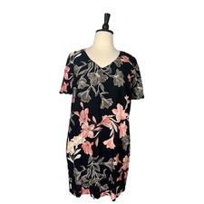 Nicole Miller Shift Dress V-neck Short Sleeve Linen Black Floral Women Size XXL