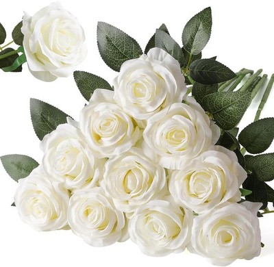Artificial Silk Rose Flower Bouquet Lifelike White Fake Rose for Wedding Home