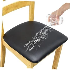 Leather Stretch Chair Seat Covers with Elastic Ties,Waterproof 2 PCS Black