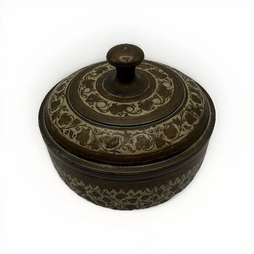 Brass Round Powder Vanity Box Original Old Hand Crafted Engraved Painted