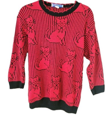 Vintage 80s Delivery Ltd Red Black Cat Motif Sweater M Womens USA Made