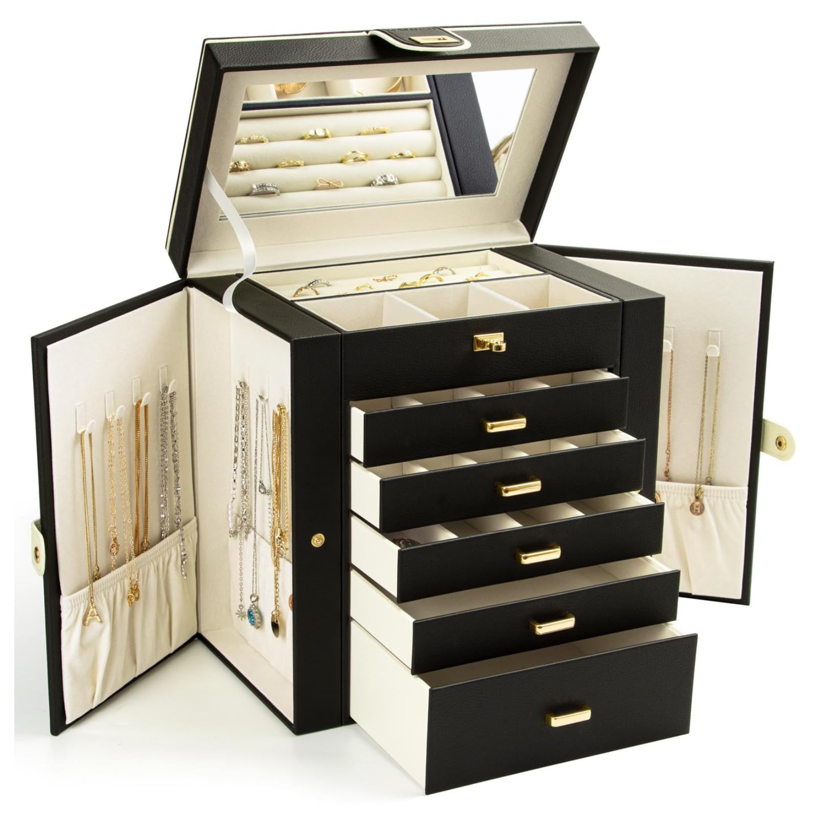 6-Layer Large Jewelry Organizer Box with Mirror for Women | 5 Drawers Custom Storage-image