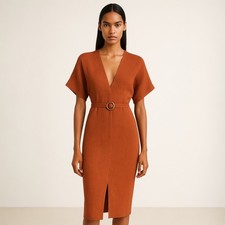 NEW ASOS Brown V-neck Short Sleeve Belted Knee Length Midi Pencil Sheath Dress 0