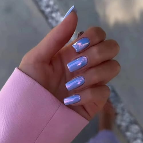 Medium Square Press on Nails Fake Nails Aurora Chrome False Nails