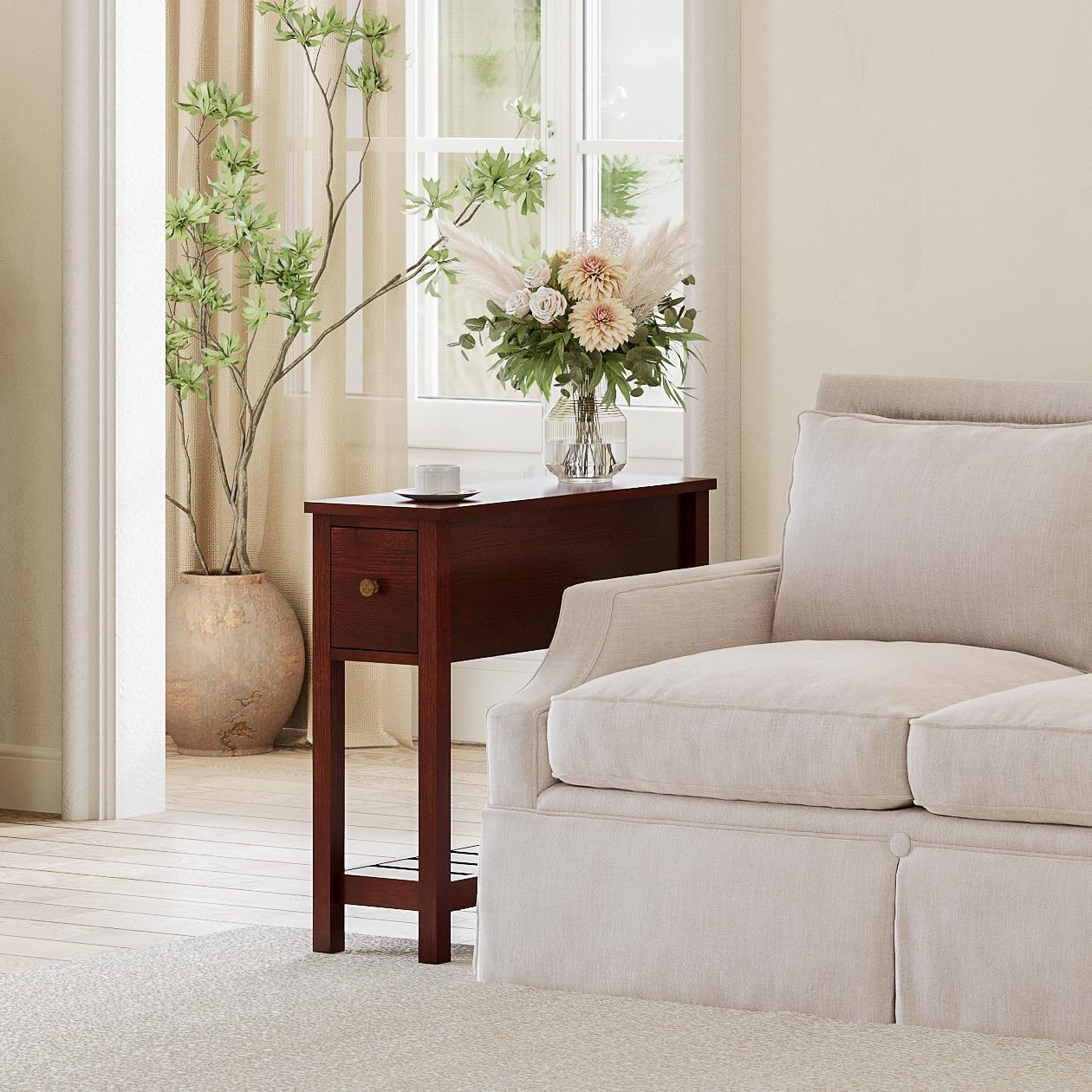Slim Cherry Brown End Tables with Drawer - 2 Pack for Small Spaces