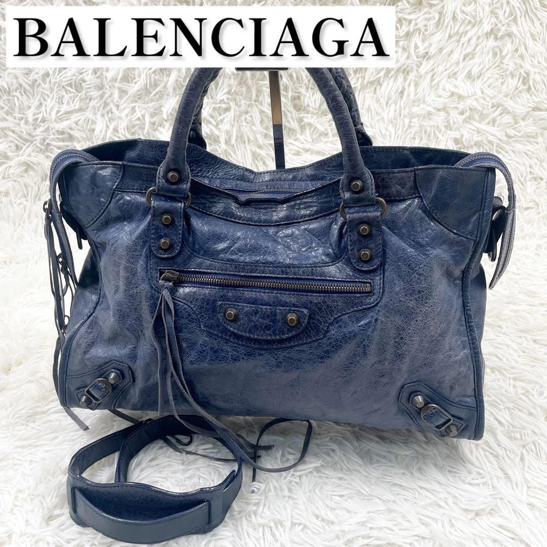 BALENCIAGA Handbag Shoulder Bag 2-way Classic City Blue Leather w/Shoulder Strap