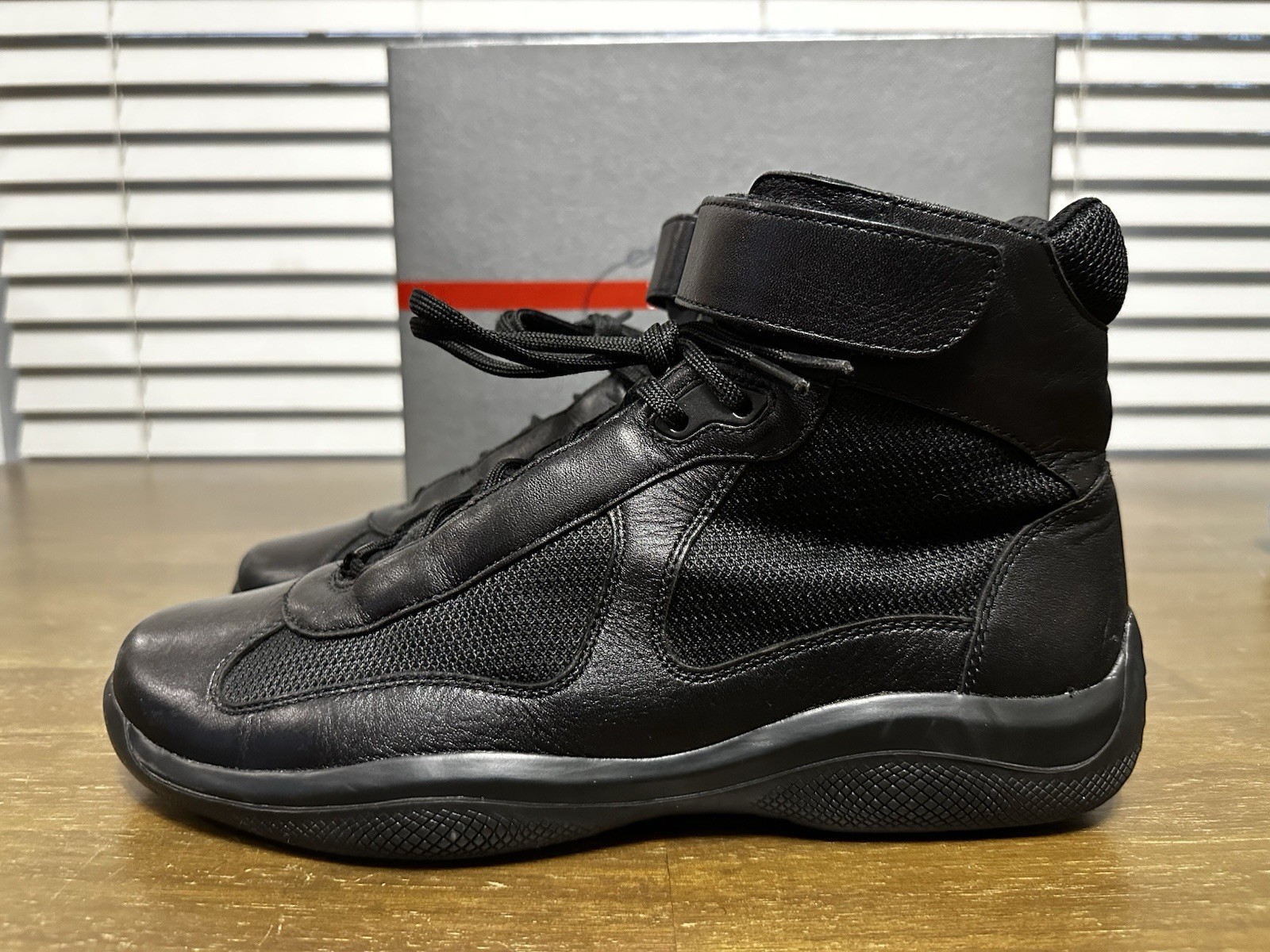 Prada America’s Cup High Top Black Leather And Mesh Sneakers Size 10 image 8