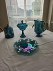 Vintage Indiana Glass Harvest Grape Blue Carnival Glass 4-Piece Set Iridescent