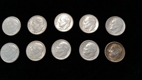 TEN (10) 1964 AND PRE  ROOSEVELT SILVER DIMES. SOME AU CONDITION. FREE SHIPPING!