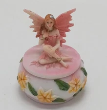 Mini Pink Flower Fairy Sitting on a Trinket Box