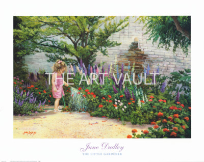 June Dudley The Little Gardener Red Purple White Flowers 30x24 in