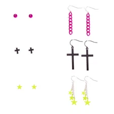 Claire's set of 6 Girls Neon Chain, Cross, and Star stud and drop Earrings Set 