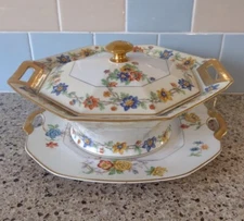 HAVILAND LIMOGES FRENCH COVERED TUREEN VEG. BOWL FLOWERS GOLD TRIM 