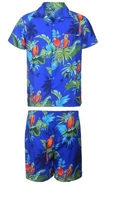 HERREN HAWAII HEMD KURZ HIRSCH STRAND HAWAII ALOHA URLAUB AUSGEFALLEN BLAU PAPAGEI SET