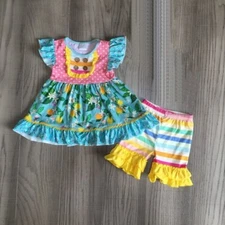 NEW Boutique Lemon Citrus Tunic Dress & Ruffle Shorts Girls Outfit Set