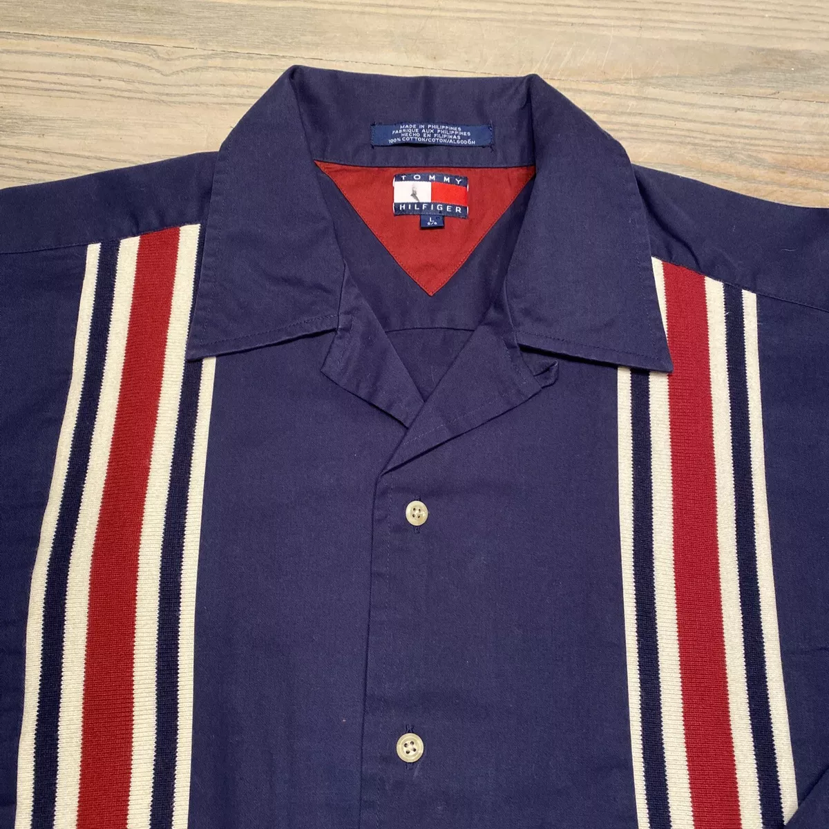 VTG 90s Tommy Hilfiger Button Up Camp Shirt Bowling Loop Collar Navy Blue  Mens L